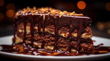 ai generiert ein Scheibe von Sachertorte Kuchen mit glänzend Schokolade Glasur serviert auf Keramik Platte, Makro Schuss foto