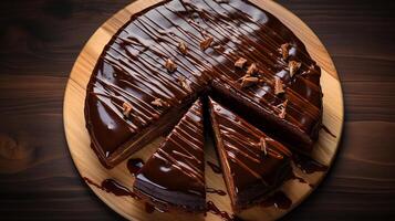ai generiert Sachertorte Kuchen mit glänzend Schokolade Glasur serviert auf ein hölzern Planke, Overhead Schuss foto