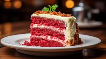 ai generiert ein Stück von rot Samt Kuchen auf ein Keramik Platte, Mittelwinkel Schuss foto