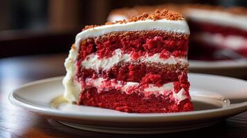 ai generiert ein Scheibe von rot Samt Kuchen mit cremig Weiß Glasur, Makro Schuss foto