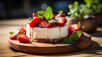 ai generiert ein ganze hausgemacht Käsekuchen gekrönt mit frisch Erdbeeren und Minze Blätter auf ein rustikal hölzern Tisch, Mittelwinkel Schuss foto