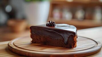 ai generiert ein ganze Sachertorte Kuchen mit glatt Schokolade oben Schicht platziert auf ein hölzern Platte, Mittelwinkel Schuss foto