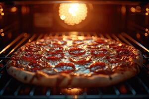 ai generiert Aussicht Innerhalb das Ofen Tablett Backen Pizza Fachmann Werbung Essen Fotografie foto