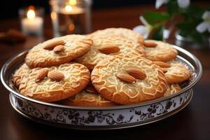 ai generiert Süss Mandel Kekse auf das Tabelle Fachmann Werbung Essen Fotografie foto