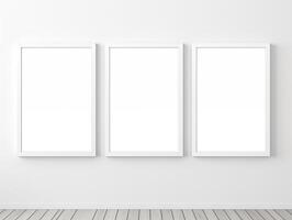 ai generiert drei Weiß Rahmen Mauer Poster Attrappe, Lehrmodell, Simulation, Weiß Mauer minimal Zimmer, Weiß hölzern Boden, sauber und minimal foto