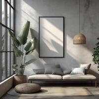 ai generiert Mauer Poster Attrappe, Lehrmodell, Simulation im modern Leben Zimmer, 3d Illustration, Sofa einstellen mit Innen- Pflanzen, modern Innere, minimal Leben Zimmer foto