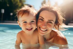 ai generiert Porträt von lächelnd Mutter und ihr Baby im Schwimmen Schwimmbad im sonnig Tag, glücklich Familie Sommer- Ferien froh und optimistisch Atmosphäre. foto