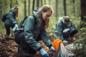 ai generiert Freiwillige sammeln Plastik Müll im Natur, pflücken oben Müll beim Wald. Freiwilligenarbeit, Wohltätigkeit, Reinigung, Ökologie, nachhaltig Lebensstil Konzept foto