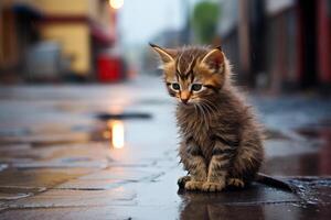 ai generiert traurig verlassen nass hungrig Kätzchen Sitzung im das Straße unter Regen. schmutzig wenig streunend Kitty Katze draußen. foto