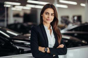 ai generiert schön jung weiblich Auto Händler posieren beim Arbeitsplatz im Auto Ausstellungsraum. foto