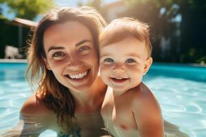 ai generiert Porträt von lächelnd Mutter und ihr Baby im Schwimmen Schwimmbad im sonnig Tag, glücklich Familie Sommer- Ferien froh und optimistisch Atmosphäre. foto