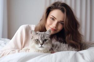 ai generiert schön jung Frau ist halten ein Katze und lächelnd während Lügen auf das Bett beim heim. foto