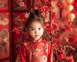 ai generiert Chinesisch Neu Jahr Foto schießt mit ein Mädchen und China Hintergrund, feiern Traditionen und Feierlichkeiten von das Neu Jahr zum dekorieren Startseite Werbung