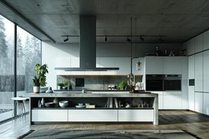 ai generiert industriell Küche Design mit Beton Fachmann Werbung Fotografie foto