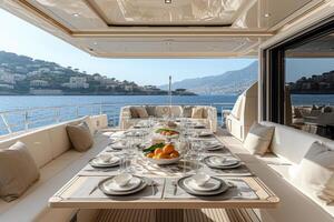 ai generiert Essen Tabelle auf das Oberer, höher Deck schick Yacht Fachmann Werbung Essen Fotografie foto