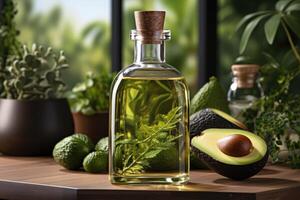 ai generiert Avocado Öl Extrakt mit isoliert Küche Tabelle Fachmann Werbung Essen Fotografie foto