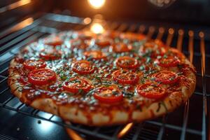 ai generiert Aussicht Innerhalb das Ofen Tablett Backen Pizza Fachmann Werbung Essen Fotografie foto