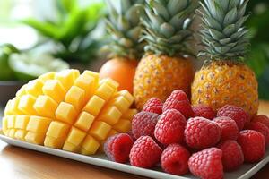 ai generiert frisch Früchte auf das Tabelle Fachmann Werbung Essen Fotografie foto