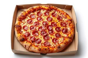 ai generiert wegbringen oder Lieferung Pizza Box Fachmann Werbung Essen Fotografie foto