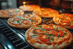 ai generiert Aussicht Innerhalb das Ofen Tablett Backen Pizza Fachmann Werbung Essen Fotografie foto