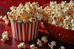 ai generiert Popcorn knallen im gestreift Karton Eimer Fachmann Werbung Essen Fotografie foto