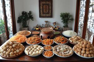 ai generiert dient verschiedene Mahlzeit zu iftar Ramadan Werbung Essen Fotografie foto
