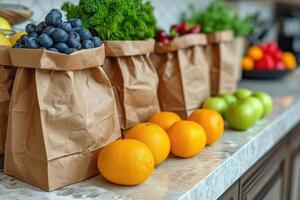 ai generiert frisch produzieren und Lebensmittelgeschäft Taschen Sitzung auf oben von ein Arbeitsplatte Fachmann Werbung Essen Fotografie foto