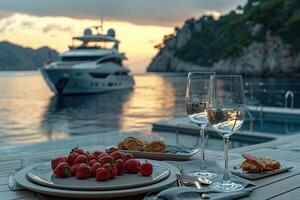 ai generiert Essen Tabelle im das Yacht Design Fachmann Werbung Fotografie foto