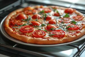 ai generiert Aussicht Innerhalb das Ofen Tablett Backen Pizza Fachmann Werbung Essen Fotografie foto