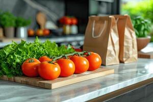 ai generiert frisch produzieren und Lebensmittelgeschäft Taschen Sitzung auf oben von ein Arbeitsplatte Fachmann Werbung Essen Fotografie foto