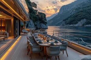 ai generiert Essen Tabelle auf das Oberer, höher Deck schick Yacht Fachmann Werbung Essen Fotografie foto