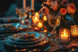 ai generiert Tabelle einstellen zum romantisch Abendessen Fachmann Werbung Fotografie foto