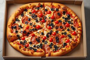 ai generiert wegbringen oder Lieferung Pizza Box Fachmann Werbung Essen Fotografie foto