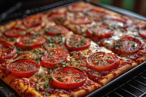 ai generiert Aussicht Innerhalb das Ofen Tablett Backen Pizza Fachmann Werbung Essen Fotografie foto