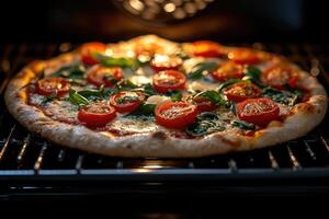 ai generiert Aussicht Innerhalb das Ofen Tablett Backen Pizza Fachmann Werbung Essen Fotografie foto