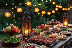 ai generiert Essen Tabelle mit Ramadan Stimmung Dekoration heilig Monat von Ramadan Konzept Fachmann Werbung Essen Fotografie foto