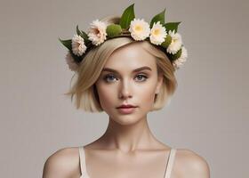 ai generiert Nahansicht Porträt von ein jung blond Mädchen mit kurz Haar und ein Blume Kranz auf ihr Kopf. auf ein einfach Hintergrund mit Raum zum Text. foto