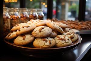 ai generiert Süss Mandel Kekse auf das Tabelle Fachmann Werbung Essen Fotografie foto