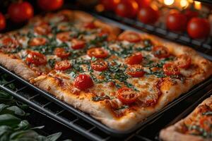 ai generiert Aussicht Innerhalb das Ofen Tablett Backen Pizza Fachmann Werbung Essen Fotografie foto