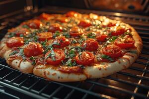 ai generiert Aussicht Innerhalb das Ofen Tablett Backen Pizza Fachmann Werbung Essen Fotografie foto