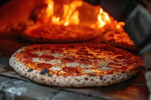 ai generiert Aussicht Innerhalb das Ofen Tablett Backen Pizza Fachmann Werbung Essen Fotografie foto