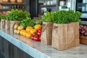 ai generiert frisch produzieren und Lebensmittelgeschäft Taschen Sitzung auf oben von ein Arbeitsplatte Fachmann Werbung Essen Fotografie foto