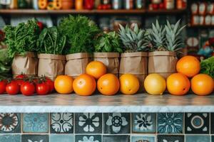 ai generiert frisch produzieren und Lebensmittelgeschäft Taschen Sitzung auf oben von ein Arbeitsplatte Fachmann Werbung Essen Fotografie foto