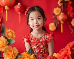 ai generiert Chinesisch Neu Jahr Foto schießt mit ein Mädchen und China Hintergrund, feiern Traditionen und Feierlichkeiten von das Neu Jahr zum dekorieren Startseite Werbung