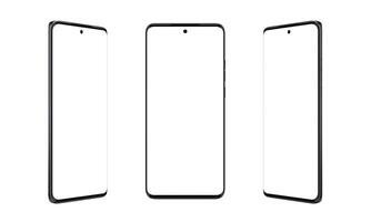 modern Smartphone mit dünn, runden Kanten im drei Positionen, isoliert auf Weiß. vielseitig Telefon Attrappe, Lehrmodell, Simulation zum präsentieren glatt Design foto