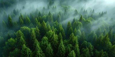 ai generiert Antenne Aussicht von nebelig Nadelbaum Wald foto