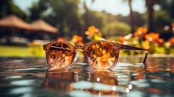 ai generiert Sonnenbrille auf ein verschwommen Sommer- Hintergrund mit golden Bokeh. Sommer- Hintergrund. generiert durch künstlich Intelligenz foto