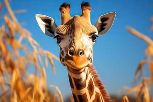 ai generiert Porträt von ein Giraffe gegen das Blau Himmel. generiert durch künstlich Intelligenz foto