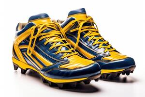 ai generiert amerikanisch Fußball Stiefel im Gelb und Blau Farben mit Spikes auf ein Weiß Hintergrund. generiert durch künstlich Intelligenz foto