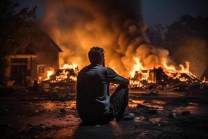 ai generiert Rückseite Aussicht von ein Mann suchen beim ein Verbrennung Haus. Verbrennung Feuer Flammen. generiert durch künstlich Intelligenz foto